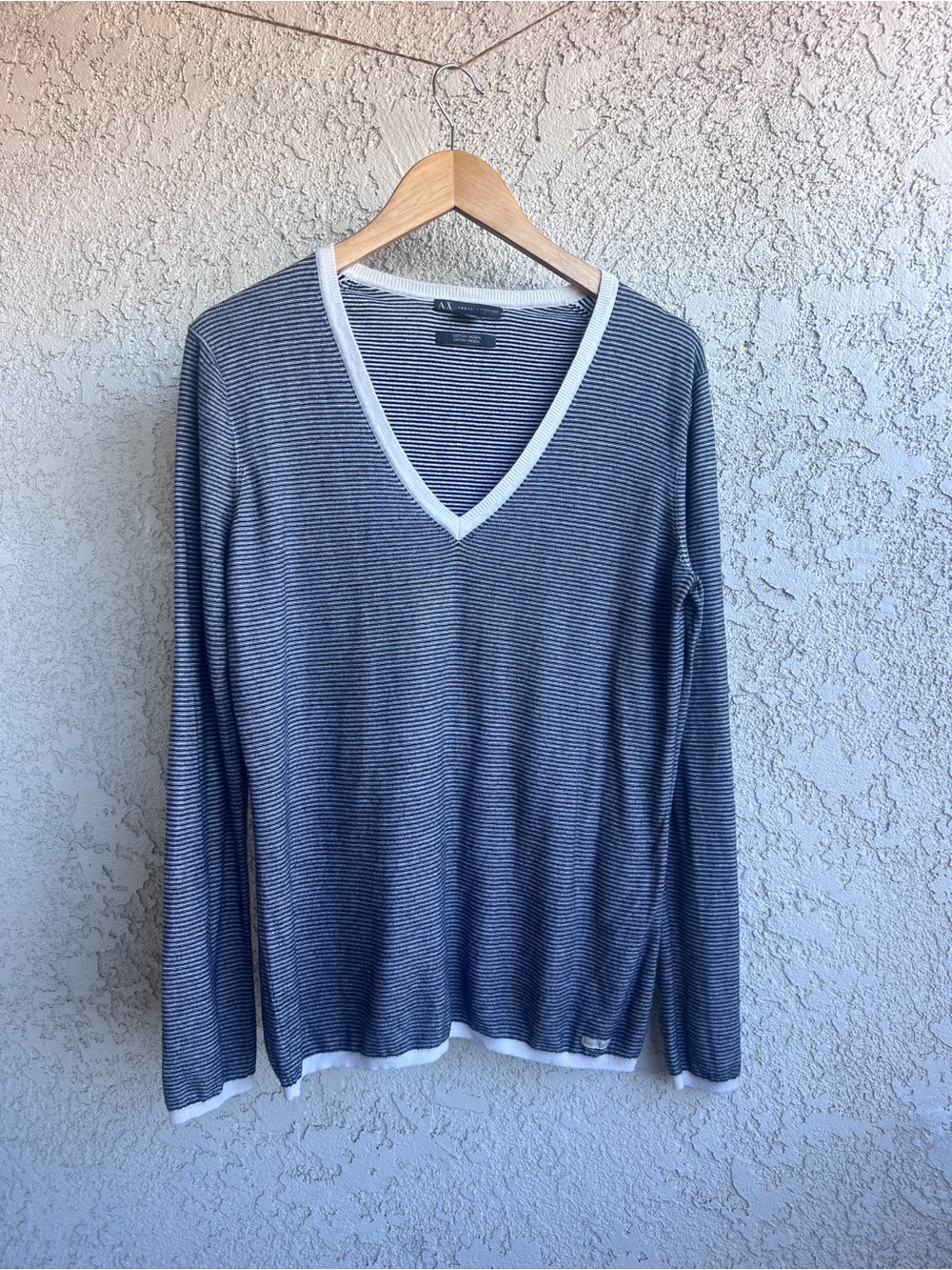 Armani Exchange Navy and White Striped V-Neck Sweater. Cotton/Modal